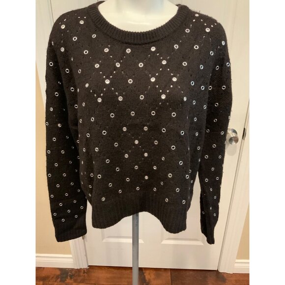 Michael Kors Black 100% Wool Sweater W/ Silver Metal Rings, Size large - Picture 3 of 8
